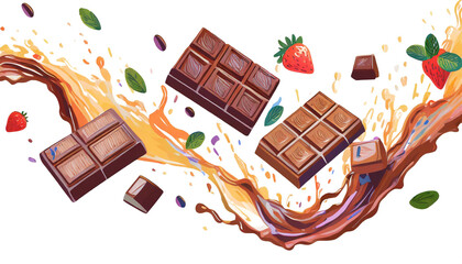Set of delicious chocolate bar pieces falling into chocolate splashes, cut out - 788037121