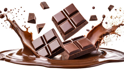 Set of delicious chocolate bar pieces falling into chocolate splashes, cut out white background - 788037133