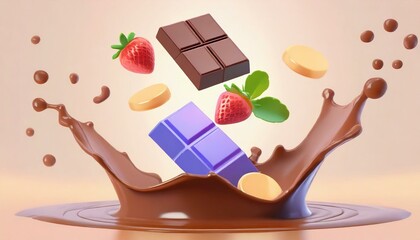 Set of delicious chocolate bar pieces falling into chocolate splashes, cut out - 788037157