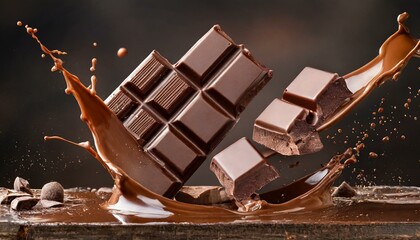 Set of delicious chocolate bar pieces falling into chocolate splashes, cut ou - 788037168