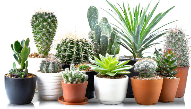 set of cactus in pots on a transparent background. PNG, cutout