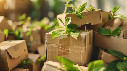A pile of cardboard boxes, made from natural recyclable materials, is adorned with green sprouting leaves, illustrating eco-friendly packaging and zero waste practices