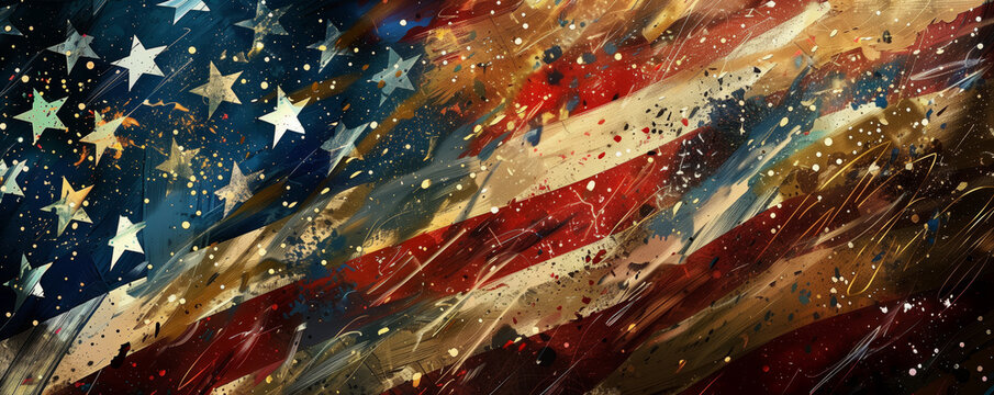 Abstract backgrounds painting of the american flag, detailed, dynamic brush strokes, cinematic, USA state stars in background, blue red white gold colors, vibrant, cinematic, splatter paint style