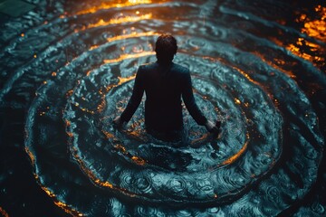 A man submerged waist-deep in water creates ripples around him, with an intense, emotional mood - obrazy, fototapety, plakaty