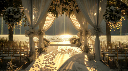 an elegantly arranged outdoor wedding venue at sunset, adorned with white drapery and floral arrangements