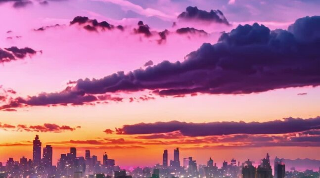 Over-the-shoulder shot of a colorful sunset painting the sky behind a city skyline.
