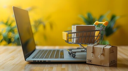 Online Shopping Essentials: Cart, Laptop, & Package. Concept E-commerce, Digital Purchases, Online Retailers, Cyber Deals