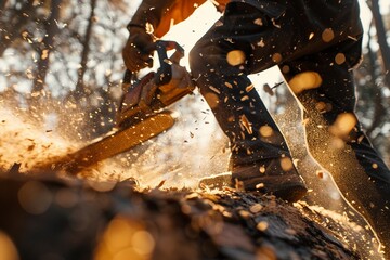 A lumberjack cutting wood in the forest, close-up on hands and chainsaw, dynamic sawdust flying