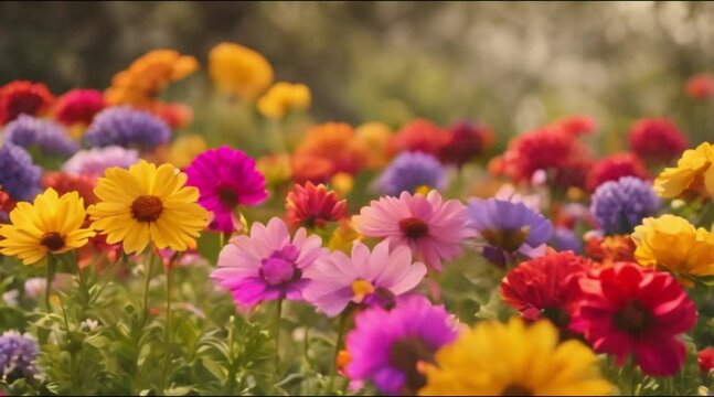 Zoom-in shot of colorful flowers blooming in a garden.
