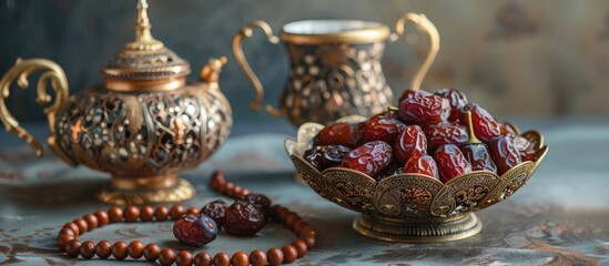 A decorative bowl filled with premium Arabian dates and an Islamic prayer beads, set against a beautiful backdrop for Ramadan. Classic Arabic tea cups accompany the dates.