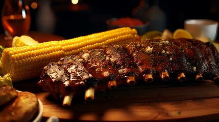BBQ ribs with coleslaw and corn on the cobb