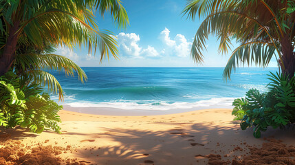 Secluded tropical beach paradise with palm shadows. A serene beachscape with palm trees, clear blue sky, and pristine waves gently lapping the shore