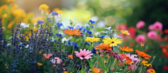 Beautiful garden flowers create a summer flower background.