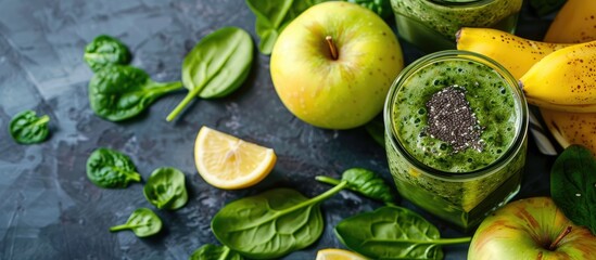 Green smoothie containing spinach, banana, lemon, apple, and chia seeds in a glass container with...