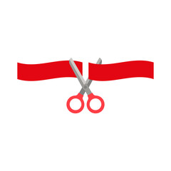 Scissors cutting ribbon. Shears cut a long red tape. Colored vector illustration.