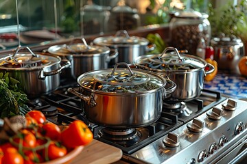 Several high-quality shiny cooking pots arranged on a stainless steel gas stove with herbs in the background