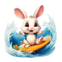 Cheerful bunny surfing sticker. Cute baby bunny character on summer vacation. Bunny doing water sports