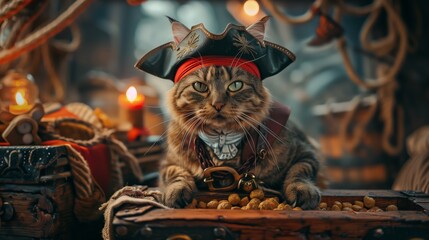 A majestic tabby cat in a pirate costume guarding a treasure chest filled with gold coins in a candlelit setting. - obrazy, fototapety, plakaty