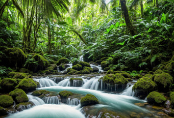 A serene jungle scene with a cascading waterfall hidden amidst the dense foliage, its gentle waters flowing peacefully through the lush greenery.. AI generated.