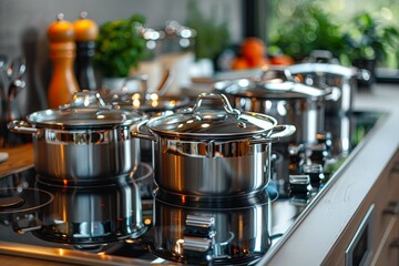 Diverse sizes of shining cookware sets on an induction top, reflecting a modern kitchen environment