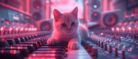 A cute kitten DJs on a mixing console under vibrant neon lights, creating a fun, energetic music scene.