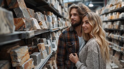 Young, attractive couple explores various granite tile options at a home improvement store, discussing and choosing the perfect design for their renovation project.