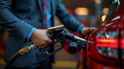 Professional businessman in a suit fills up his red luxury car at a gas station. Focus on the hand and the fuel pump.
