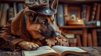 A clever German Shepherd in a detective costume appears deeply focused on solving a puzzle, evoking a sense of mystery. - obrazy, fototapety, plakaty