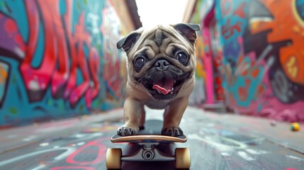 An adventurous pug puppy skateboarding in a colorful graffiti alley, tongue out, expressing joy and...