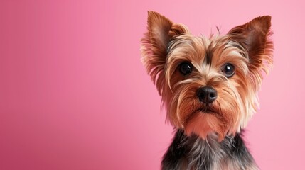 A small Yorkshire Terrier dog with a charming expression on a pink background.