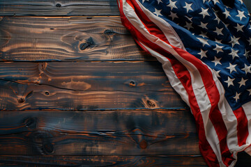 minimalist top view background with american flag on wooden backdrop for usa independence day, 4th of july with copy space