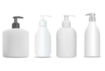 Liquid soap dispenser bottle. Pump bottle template, isolated vector blank. Realistic cosmetic product, hand lotion mockup. Sanitizer tube illustration, hygiene object design. Shampoo package