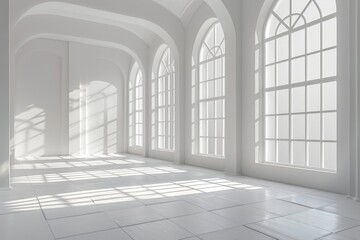 A 3D render of a spacious, white room with large arched windows casting soft shadows on the floor - obrazy, fototapety, plakaty