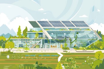 An eco-friendly public library illustration showcasing sustainable architecture, green spaces, and renewable energy features, Generative AI