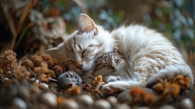 Cat and mouse taking nap together