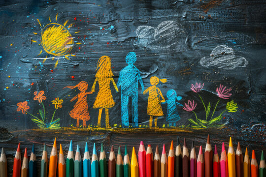Kid's drawing of large family on blackboard, illustration. Happy parents with many children. Family Day
