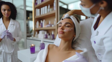 Young woman receives a botox injection in her lips by a professional cosmetologist in a well-equipped spa setting, emphasizing beauty and skincare treatments.