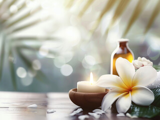 A tranquil spa display featuring fluffy towels, scented candles, fragrant frangipani flowers, lush palm leaves and soft bokeh backdrop banner copy space. - obrazy, fototapety, plakaty