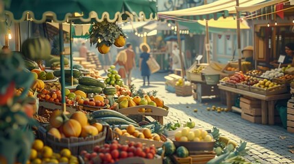 A bustling farmers market with stalls selling fresh produce.