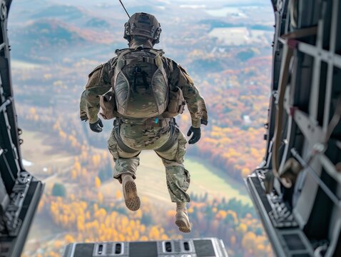 Aerial view of a flying paratrooper in a spacesuit against the sky. Close up
