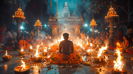 Hindu priest performs religious Ganga Aarti ritual (fire puja). Diwali festival, India