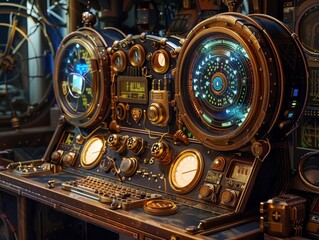 Time Machine console operated by a devilish doctor, its dials and screens depicting particularly livable futures, amidst a backdrop of technological innovation, 