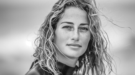 Black and white portrait of a beautiful blond woman surfer on the beach