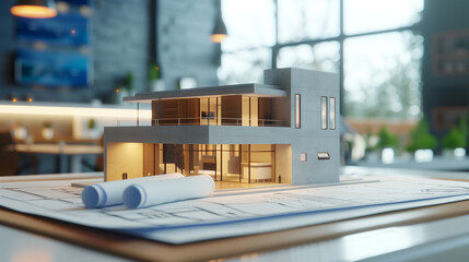 3d model and blue prints of a modern house on the table, real estate or construction business 