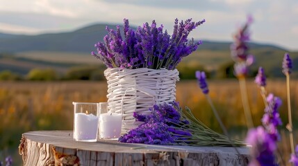Basket with purple lavender in summer in France - obrazy, fototapety, plakaty