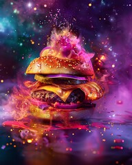 A burger presented in an unexpected setting, surrounded by cosmic elements, captured in a beautiful art poster,  - obrazy, fototapety, plakaty