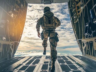Aerial view of a flying paratrooper in a spacesuit against the sky. - obrazy, fototapety, plakaty