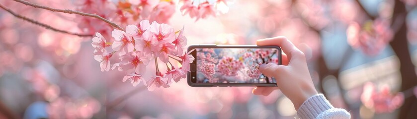 Augmented reality app identifying sakura species, clear focus, outdoor daylight, educational tool in bloom - obrazy, fototapety, plakaty