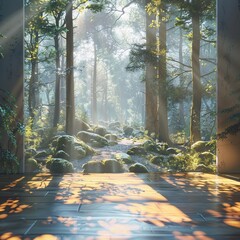 Augmented reality guided forest meditation, soft morning light, tranquil natural setting 