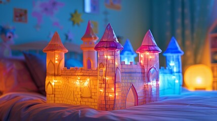 Fototapeta na wymiar Imaginative bed sheet castle lit by glow sticks, vibrant colors, sleepover fantasy come to life 